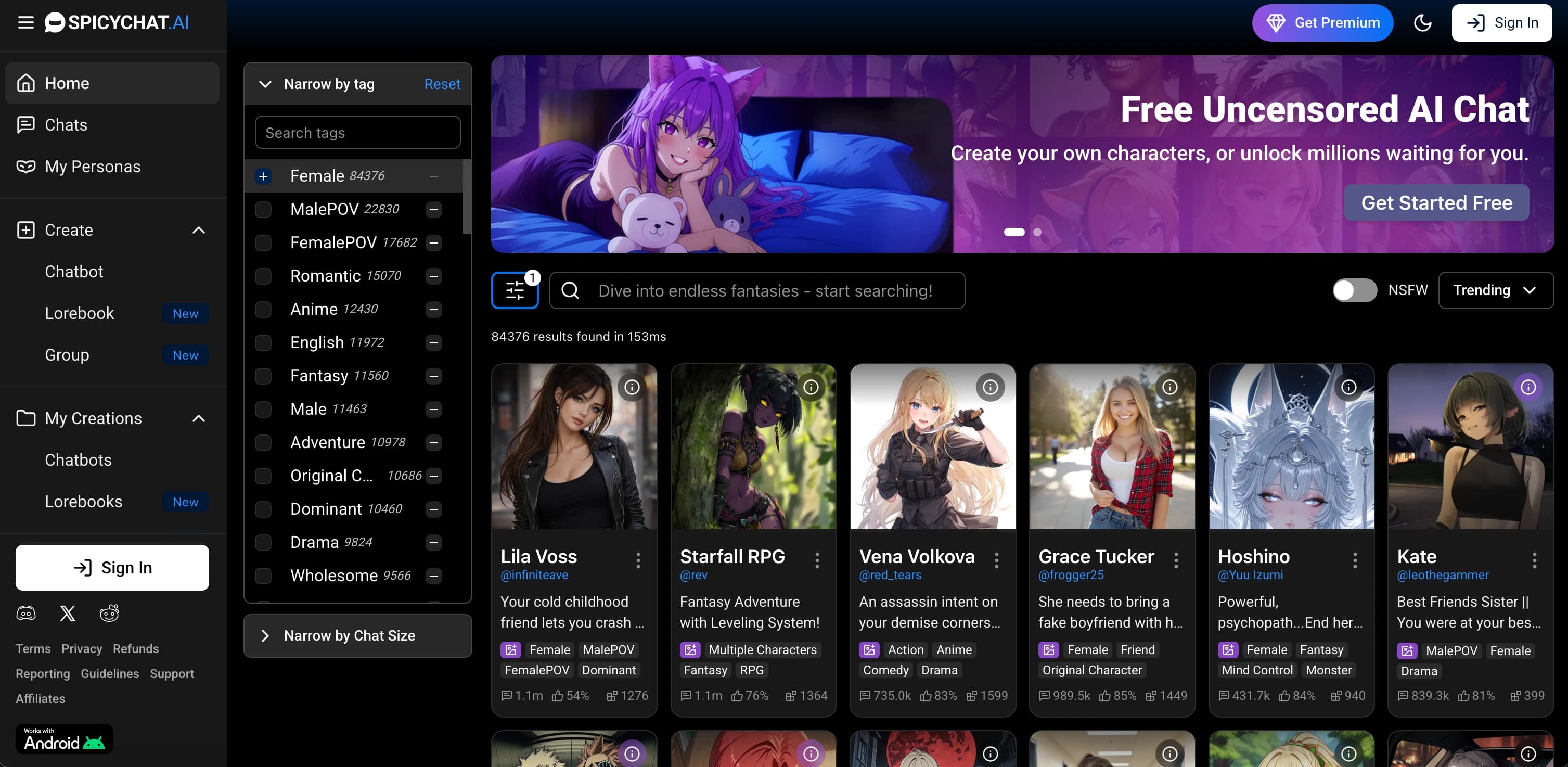 SpicyChat AI interface screenshot